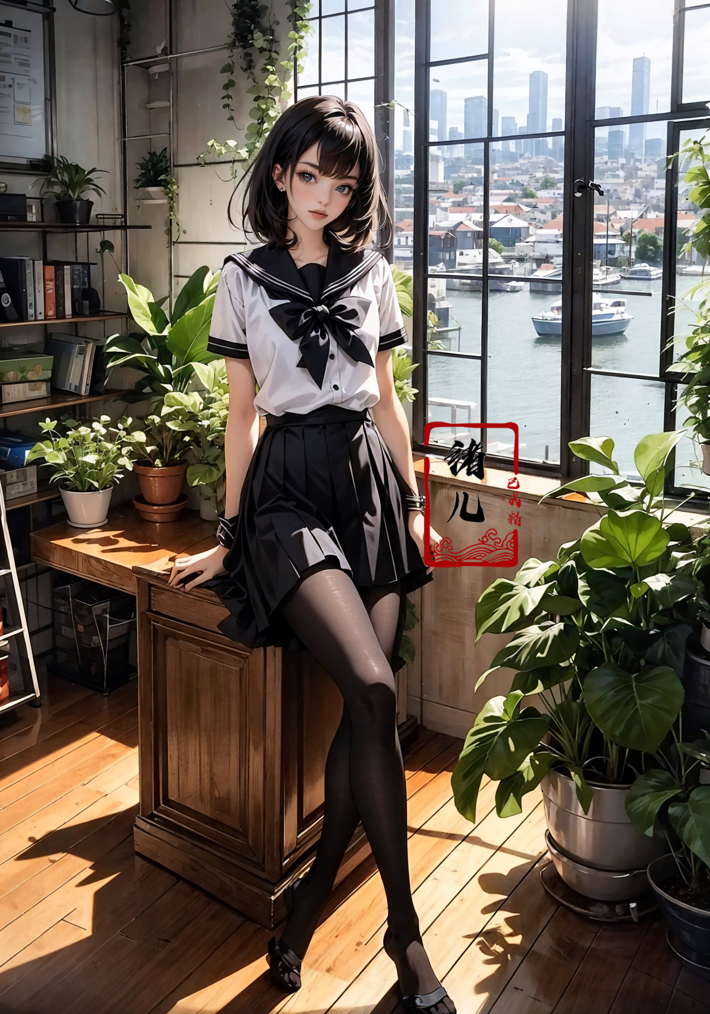 606247209521969374-2592510910-Epic CG masterpiece, an anime girl in a room with plants, no shoes, Black transparent pantyhose, pleated skirt, Sailor suit, sai.jpg